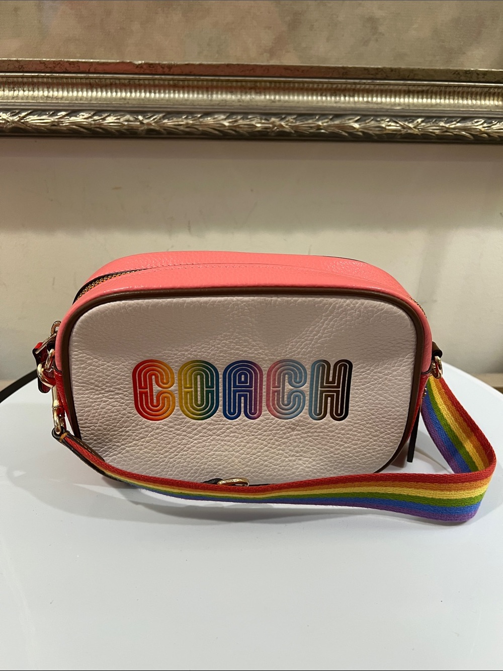 Coach Pink and Rainbow Logo Crossbody with Striped Strap